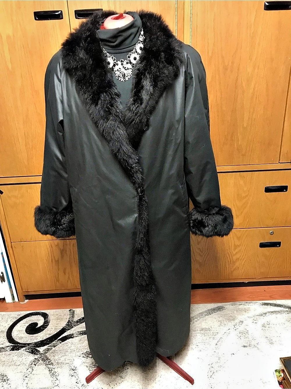 Hicks Furs Faux Fur Trim Long Coat Size Medium